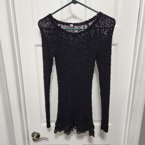 Chic Black Crochet Long Sleeve Top